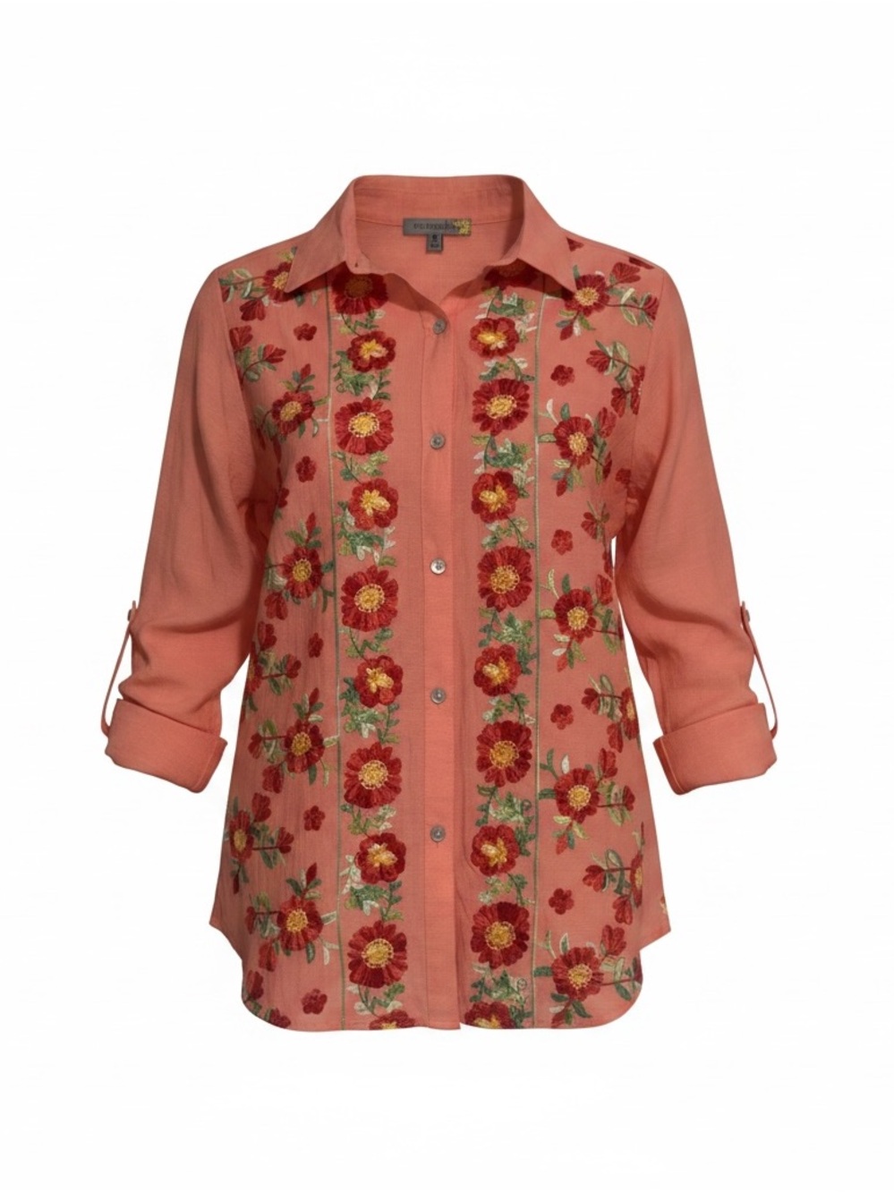 Embroidered Floral Button-Down Blouse in Coral